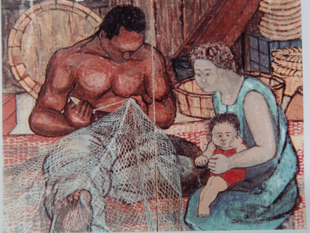 父が網をつくろい山内さんが母に抱かれた想像画「川漁師」