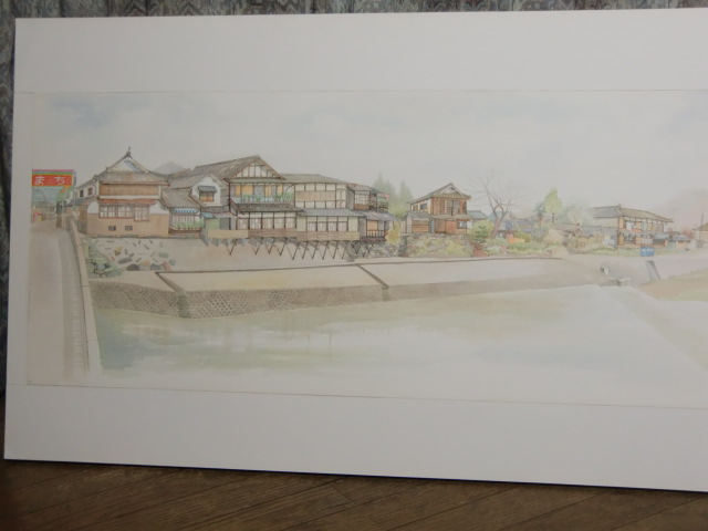 堀江さんが松ヶ枝橋から見て橋本川の東側を描いた風景